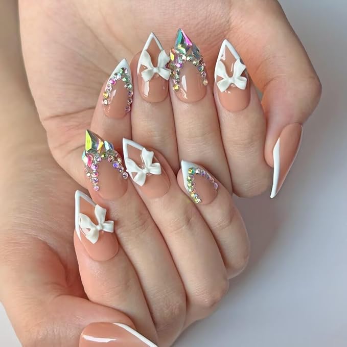 Press on Nails Handmade Medium Length Almond Fake Nails, 3D French Salon Bow Design False Nails, 10 Pcs Reusable ABS Material Nail Tip Artificial Nails for Women (Size S)