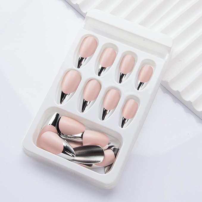 French Tip Press on Nails Medium Almond Fake Nails Silver French Nail Tips Metal False Nails Artificial Acrylic Nails Full Cover Glue on Nail for Women Nail Decoration
