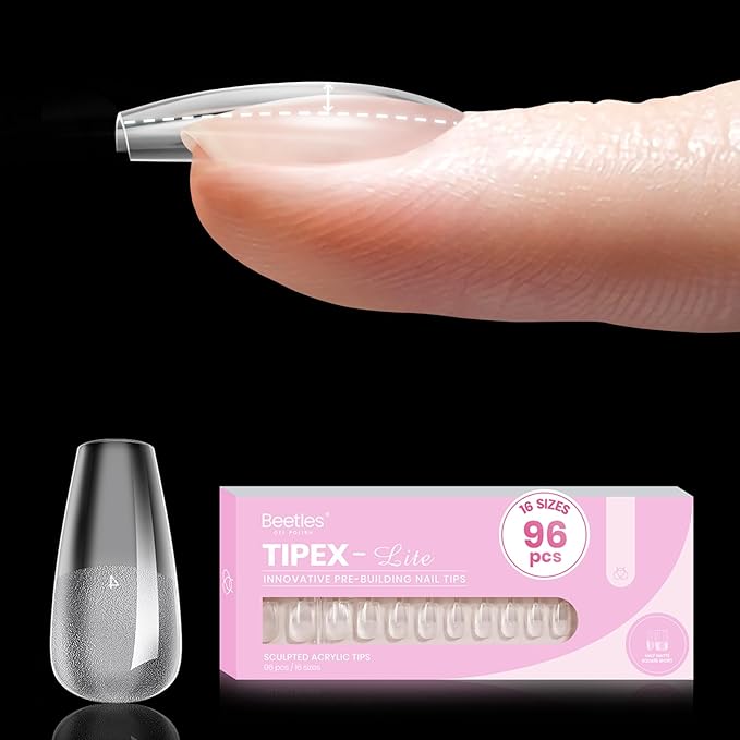 Beetles Tipex Lite Instant Apex Nail Tips, Short Coffin, 16 Sizes | 00–14, Built-in Apex Acrylic Tips for Flat & Natural Nail Beds, Beginner-Friendly Easy DIY Nail Extensions