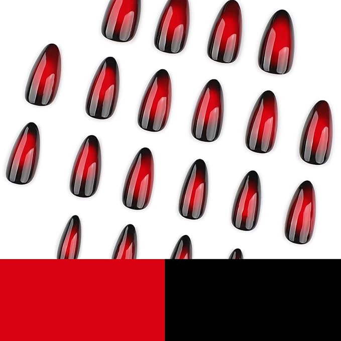Wine Red Press on Nails Medium Almond MABKJLF Fake Nails Black & Red False Nails with Gradient Designs Solid Colour Glossy Glue on Nail Full Cover Acrylic Nails for Women Girls 24Pcs