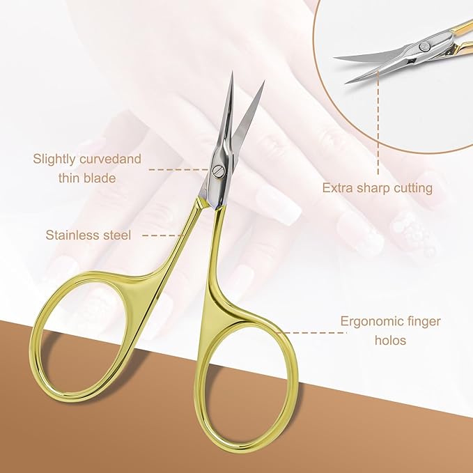 CGBE Manicure Scissors, Extra Fine Eyebrow Scissors for Grooming, Curved Blade Nail Scissors Precise Pointed Tip Grooming Kit for Eyebrow, Eyelash, Trim Nail and Dry Skin, Gold