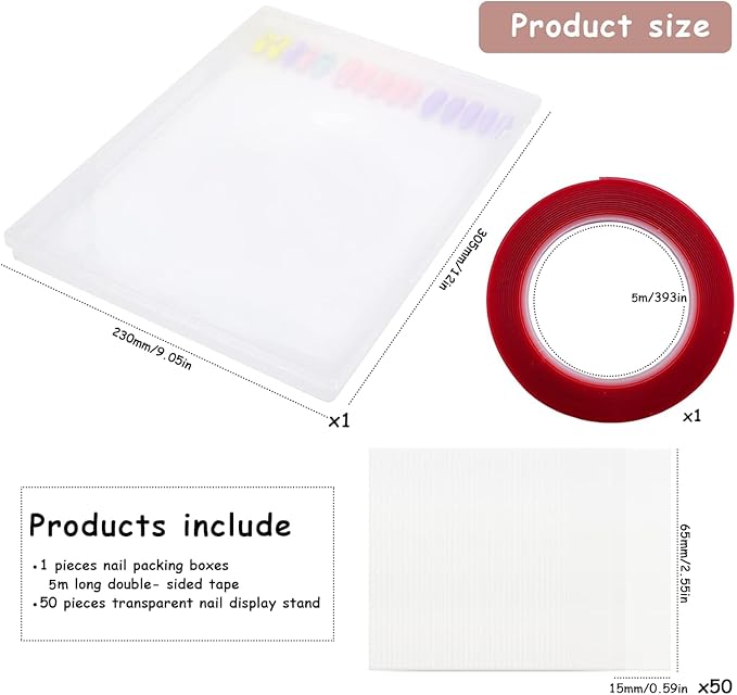 Large Clear Press on Nails Storage Box, Empty Press on Nails Packaging Box Set with Double-sided Adhesive Tape and 50 Arcylic Nail Display Stand Can Be Used to Store and Store Personal Items