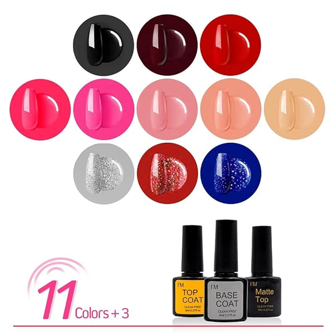 Gel Nail Polish Kit with Nail Art Decorations, Nail Polish Set include 11 Colors with Glossy & Matte Top Coat, Base Coat, Nail Stickers, Rhinestones decorations and Manicure Tools for Women