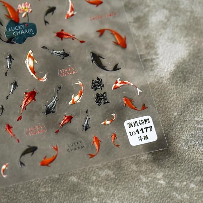 Lucky Fish Nail Art Stickers 5D Koi Nail Decals Embossed Wish Fish Self Adhsive New Year Sticker for Women Girls DIY Nails Manicure Salon (Lucky Fish)