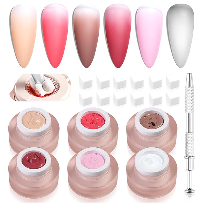 6 Colors Cushion Pat Painting Gel Nail Polish Neutral Nude Pink White Ombre Gradient Paint Gel with 50PCS Soft Nail Sponges Grabber Pen Blending Stamping Aura Design Matte No Wipe UV Cure