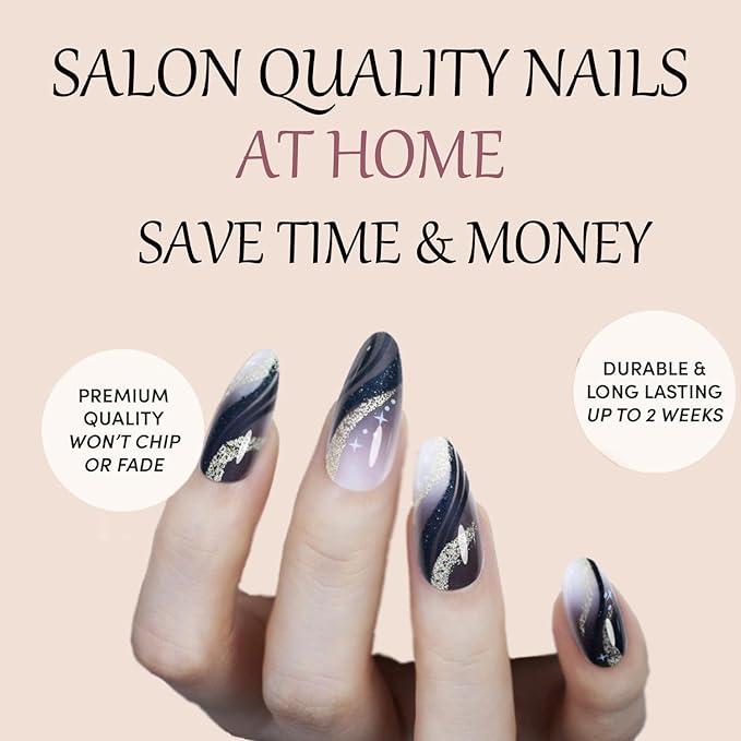 Black French Tip Press On Nails Almond Medium Length, Reusable 24 Piece Handmade False Nails with Wear Resistant Sealer