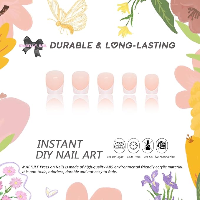 Extra Short Square French Tip Fake Nails White Full Cover Glue on False Cute Acrylic Press on Handmade Stick on Artificial Nails for Women Girls 24Pcs