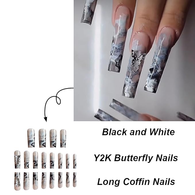 Long Coffin Press on Nails Y2K With 3D Butterfly Designs Black and White Full Cover Nude Acrylic False Nails for Women 24 Pcs