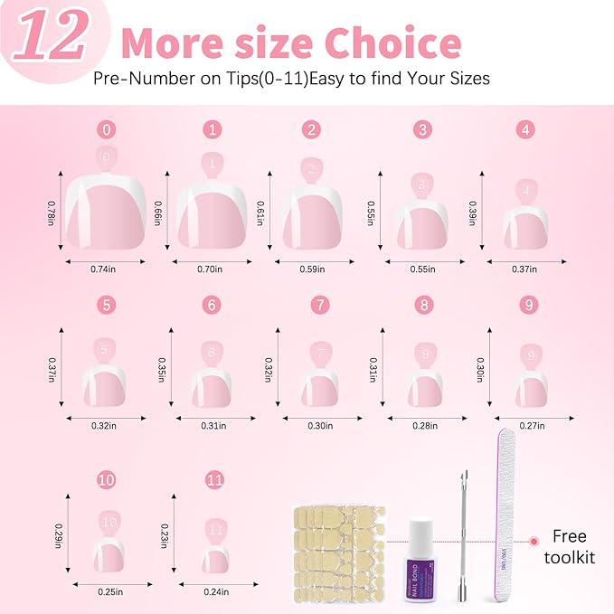 Toe Press On Nails, 240Pcs White French Press On Toenails Kit, Pink Square Pre-Designed Soft Gel False Toenail Extension, 12 Size Full Cover Fake Toenail Press Ons for Women