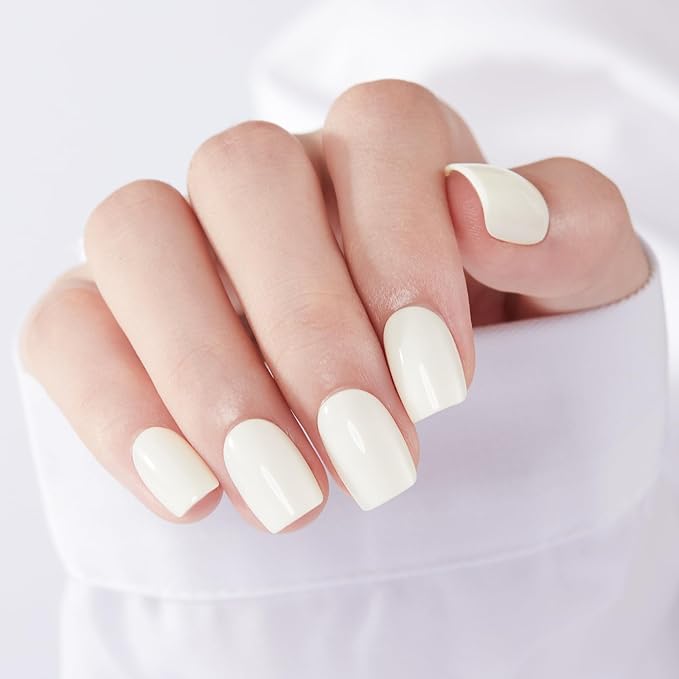 Modelones Milky White Press on Nails, Spring Short Square Fake Nails, Reusable Nail Kit with Nail Glue Adhesive Tabs Mini Nail File, Nails Press Ons 32Pcs16 Sizes, Women Girl Gift