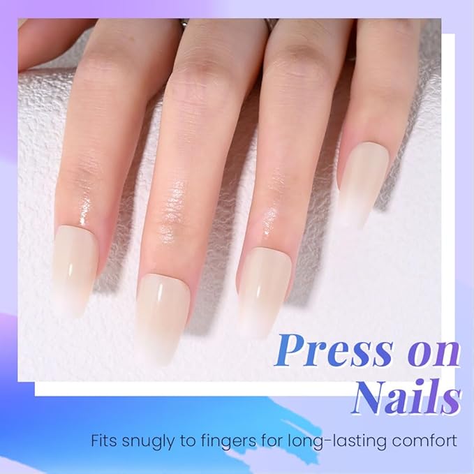 Khaki White Ombre Glossy Press on Nails Coffin Acrylic Fake Nails Stylish Design, Natural Reusable Nails Kit for Women DIY False Nail Art Decoration Gift, Salon Quality Reusable 15/30 Pcs