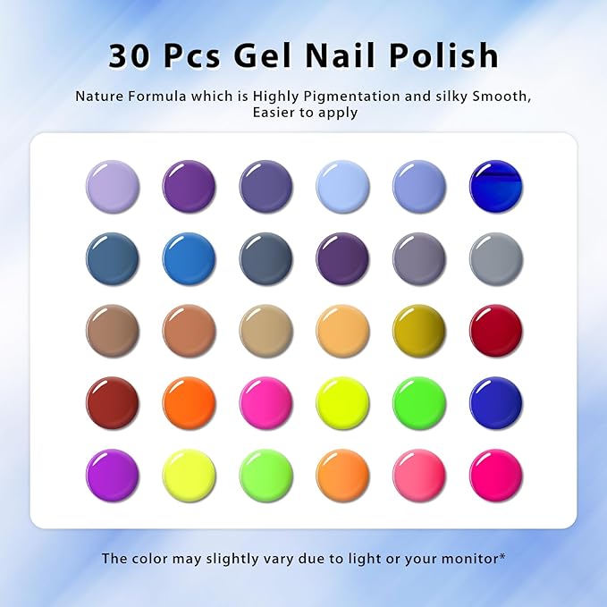 MEET ACROSS Gel Polish Set - 30 Colors Neon Hot Pink Red Green Blue Yellow Nail Polish Soak off Colorful Holidays Collection UV Gel Gifts for Women