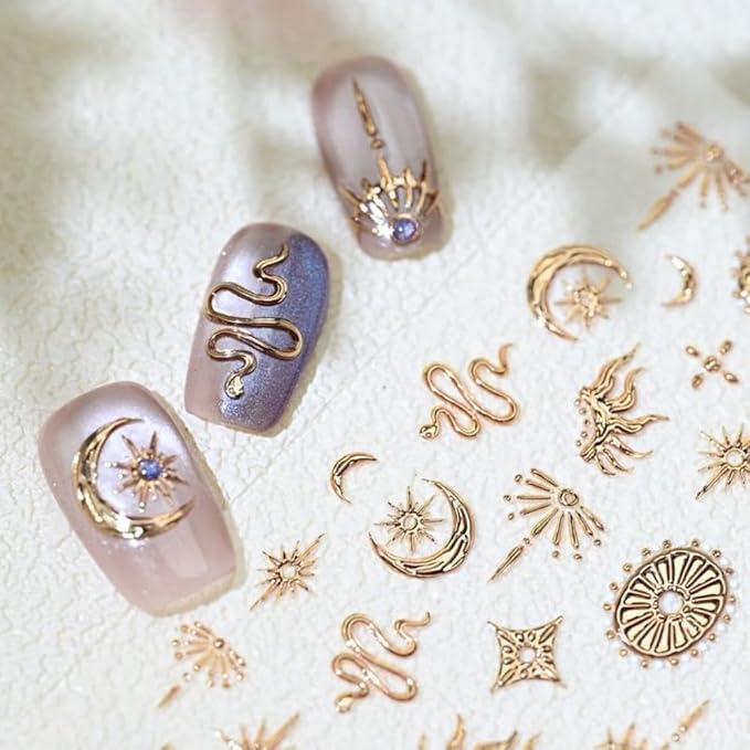 Gold Nail Stickers 5D Embossed Star Moon Nail Supplies 3D Self-Adhesive Totem Nail Decals Sun Flame Nails Designs Snake Nails Decoration Accessories for Women Girls DIY Manicure 1 Sheet
