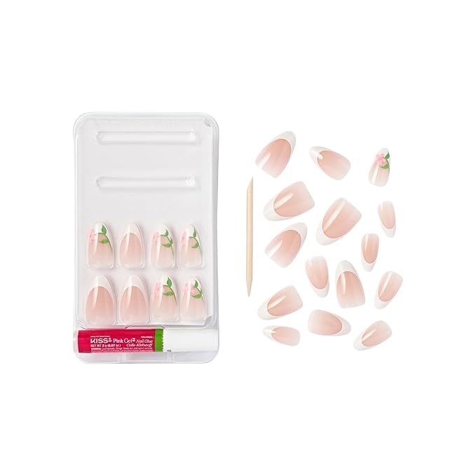 GoldFinger 24 Pcs Press On Nails, Medium Almond Fake Nails, Flower French Tip Gel Stick On Extensions, Reusable Full Cover False Nail Kit with Glue, Manicure Stick & File, 7 Day Long Lasting Wear