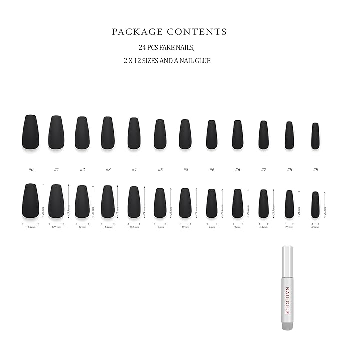 Hypnaughty 24 Pcs Noir Black Matte Luxury Coffin Press on Nails with Glue Medium Long Solid Black Color False Nails (Noir)