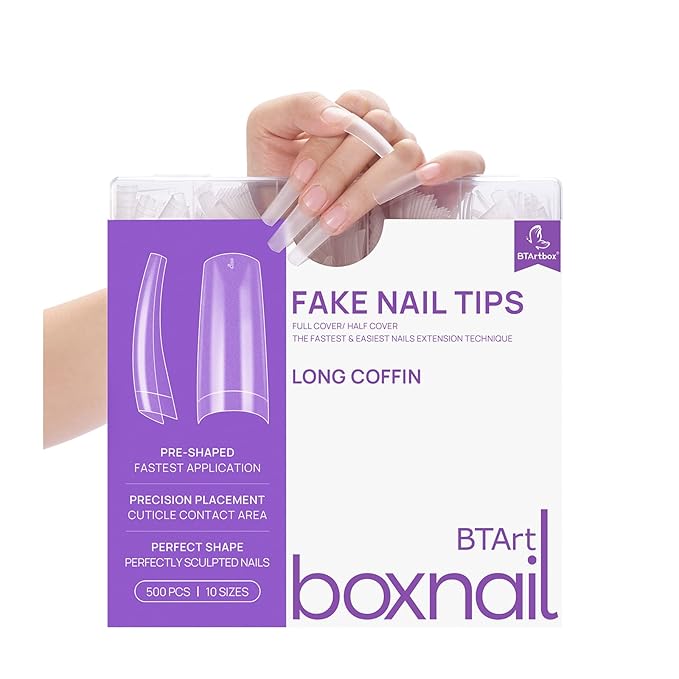 Clear Acrylic Nail Tips - BTArtbox 500pcs Pre-Buff Fake Nail Tips for Acrylic Nails Professional French False Nails with Case for Nail Salons and DIY Nail Art, 10 Size