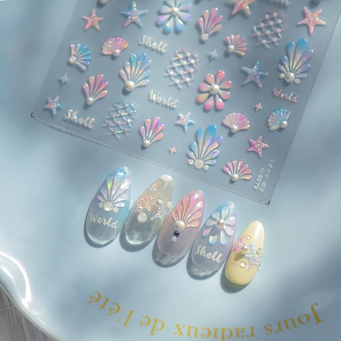 Aurora Beach Nail Stickers 5D Embossed Pearl Shell Nail Designs Colorful Fishing Net Starfish Nail Decals Ocean 3D Self-Adhesive Summer Nail Art Decoration for Women Manicure 1 Sheet