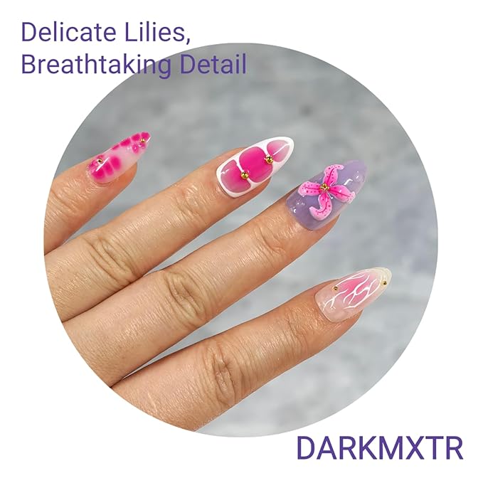 30Pcs 3D Floral Press On Nails | Pink & Purple Flower Design | Reusable Fake Nails Set Easy Application Manicure Set for Work, Party & Daily Use, Perfect for Women and Students