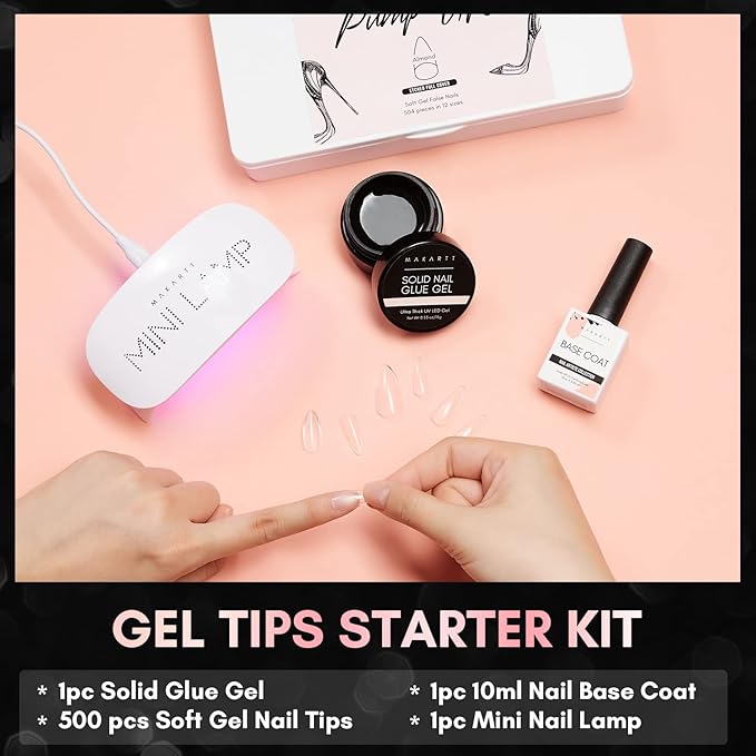 Makartt Nail Tips and Glue Kit: Almond Medium Tips 500PCS with 3D Gel Solid Builder Gel for Extension, Full Cover Pre-Buffed Nails, Non-Sticky Carving Glue, Complete DIY Manicure Nail Art