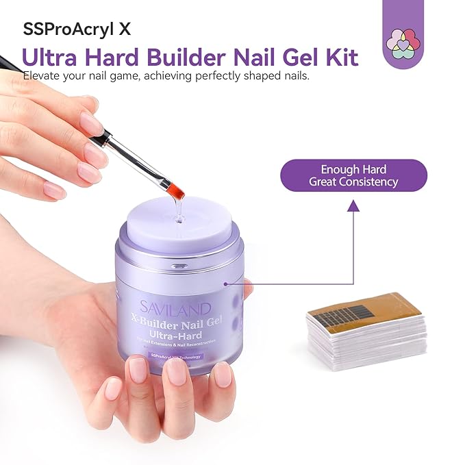 SAVILAND Ultra Hard Builder Nail Gel Kit with Air Cushion Design: Clear Hard Gel Castor Oil VE Builder Base with 100pcs Nail Forms Nail Brush for Nail Strengthening Nail Extension DIY Nail Art