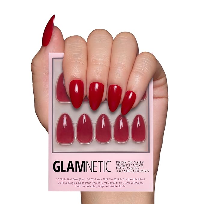 Glamnetic Press On Nails - Classic Red Fake Nails | Opaque Cool Tone, Timeless Red Short Almond Fake Nails, Salon Quality | 15 Sizes - 30 Nail Kit with Glue