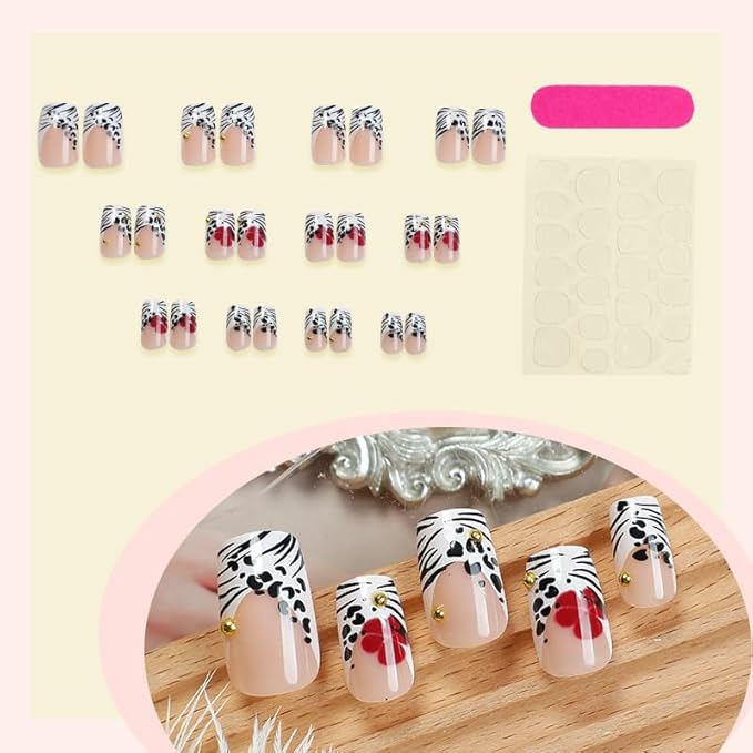 Press on Nails Almond Leopard Flower French Fake French Fake Nails Reusable Nail Kit with Nail Glue Adhesive Tabs Mini Nail File for Women Manicure Art Decoration 24PCS