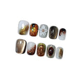 Coffee Brown Cat Eye Ombre Press on Nails with Handmade 3D Flowers & Gold Glitter ,Short Square Glossy Vintage Fake Nails, Reusable Elegant False Nails for Women Fall Winter Occasions, Size XS