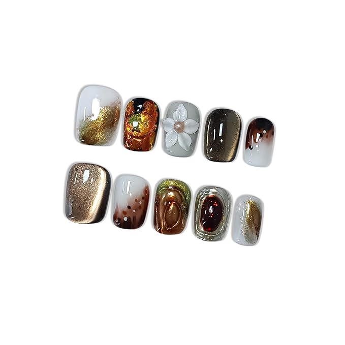 Coffee Brown Cat Eye Ombre Press on Nails with Handmade 3D Flowers & Gold Glitter ,Short Square Glossy Vintage Fake Nails, Reusable Elegant False Nails for Women Fall Winter Occasions, Size S