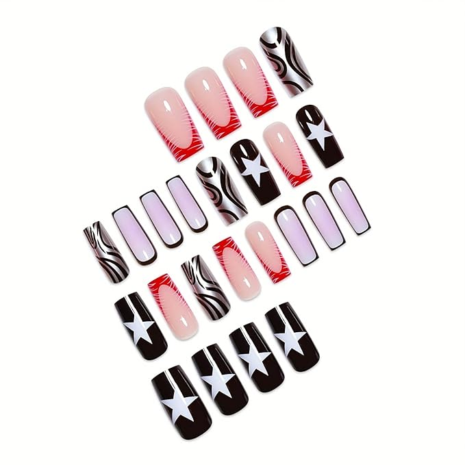 Long Press on Nails Square Fake Nails Black French Tip False Nails with Stars and Swirl Designs Acrylic Nails Press ons Glue on Nail Long Square Full Cover Stick on Nail for Women 24Pcs