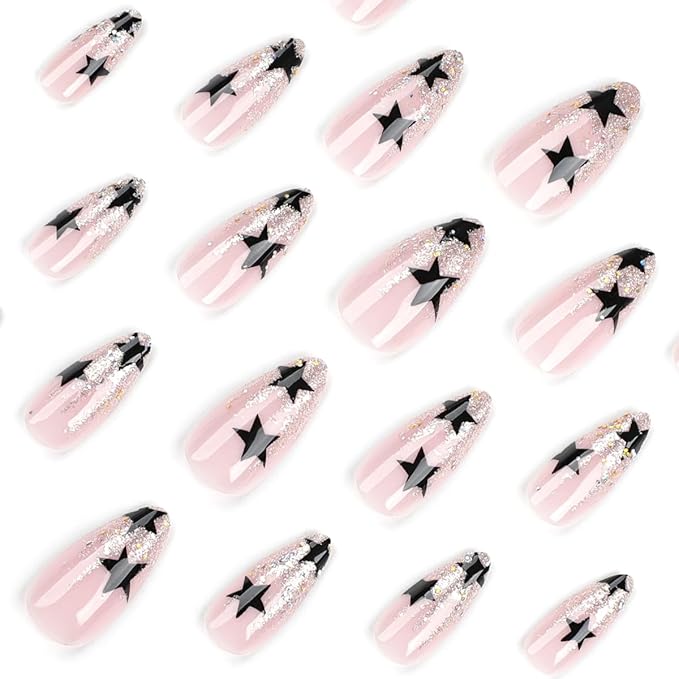 Star Press on Nails Medium Almond Fake Nails Glitter French Tip False Nails Press ons with Designs Reusable Artificial Nail Full Cover Stick on Nails for Women Manicure 24Pcs
