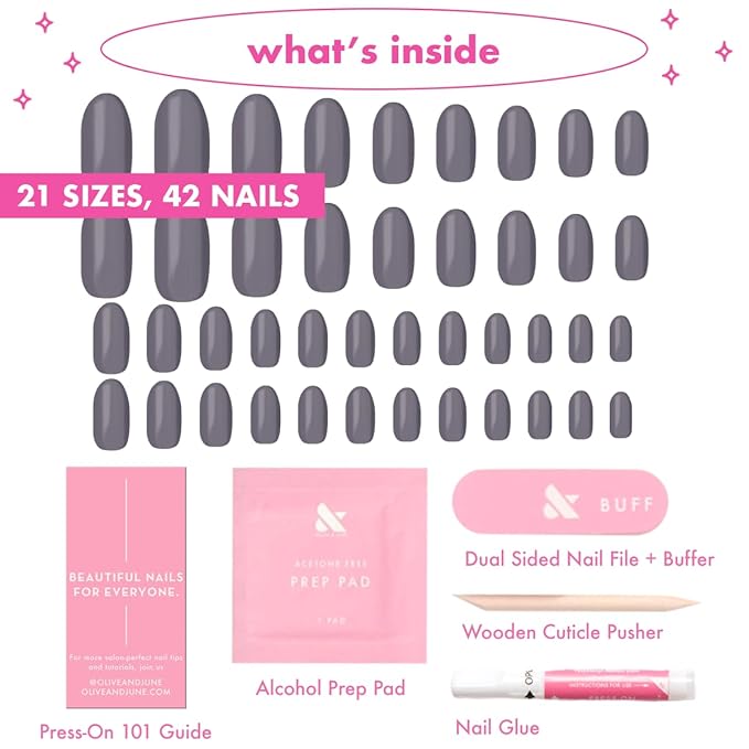 Olive & June Instant Mani Press-On Nails (Glue) | 42 Fake Nails, 21 Sizes | Non-Toxic, Long-Lasting Recycled Materials Realistic Look | Salon-Quality at Home | Medium, Oval | 100% Chance