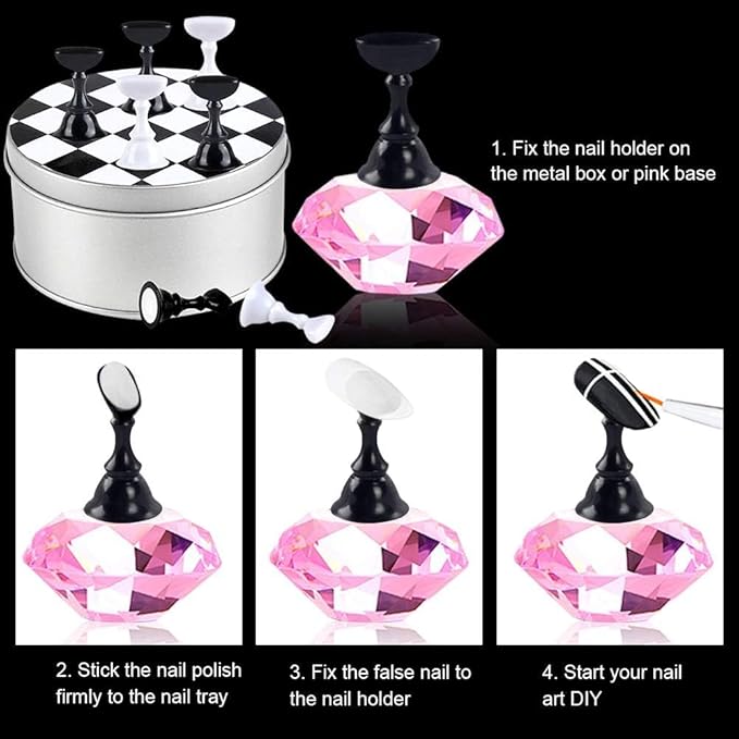 Kalolary 1 Set Nail Art Holder Practice Display Stand with 48Pcs White Reusable Adhesive Putty Clay, Magnetic Nail Art Tips Holders Crystal Nail Holder Chessboard Display Training Practice Stand