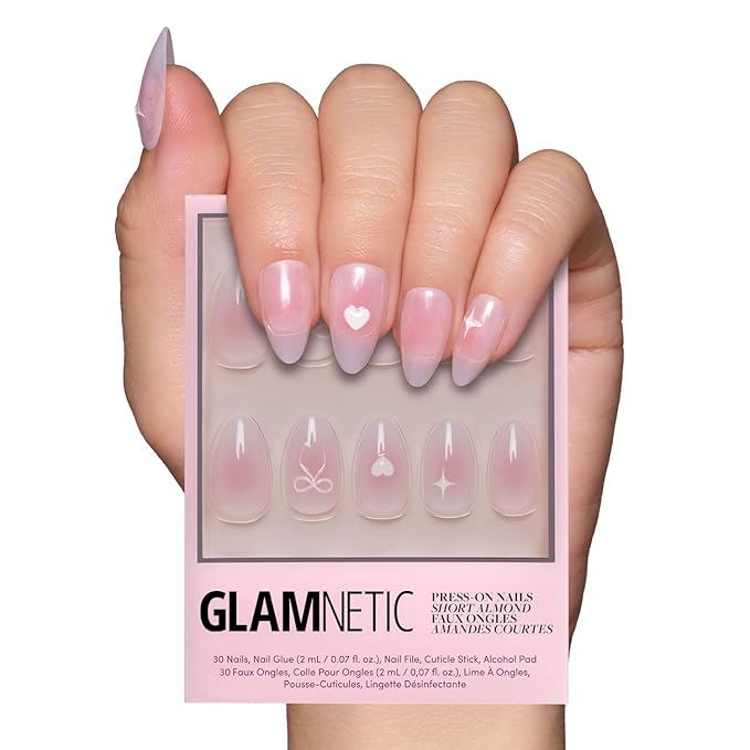 Valentines Day Glamnetic Press On Nails - Lovers Knot | Glossy, Semi-Transparent, Short Almond Nails, Salon Quality | 15 Sizes - 30 Nail Kit with Glue