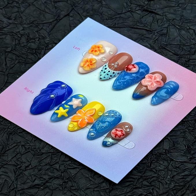 100% Handmade Press on Nails Medium Almond Handmade Nails with Yellow Flower Design Glossy Blue Fake Nails Pearl Rhinestones Nail Press ons Reusable Spring Summer Acrylic Nail for Women Size M 10Pcs