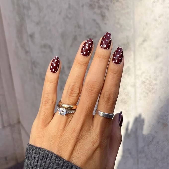 LAMIMOSA 32Pcs Polka Dots Press On Nails Short Almond - Soft Gel Brown-Red Fake Nails in 16 Sizes, Reusable Glue on Nails Kit, DOT DOT DOT