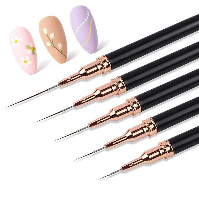 5PCS Metallic Nail Art Liner Brush Set – Fine Detail Pens for Thin Lines, UV Gel Polish Painting & Nail Design (Black Handles)
