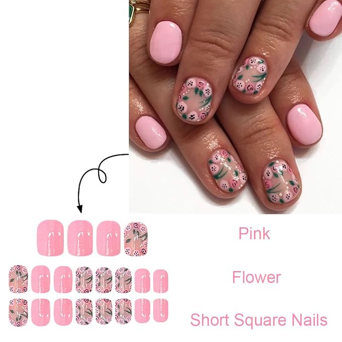 Pink Press on Nails Square Short Cute Fake Nails Press ons Nails Tips Artificial Acrylic Kit Full Cover Short False Nails with Flowers Glossy Design Stick on Nails for Women 24Pcs