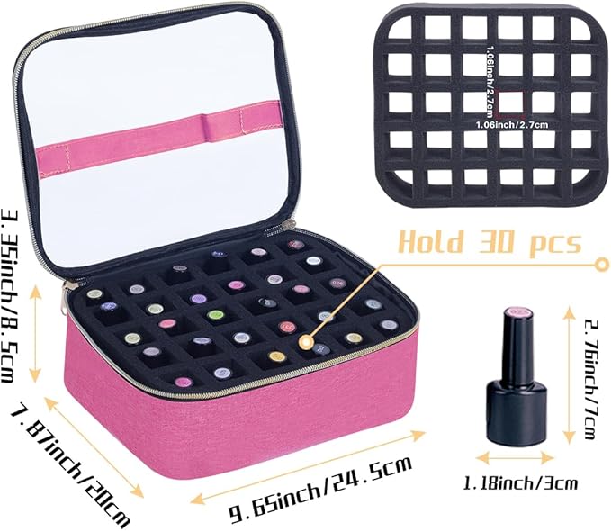 Small Clear Nail Polish Case Holds 30 bottles(15ml-0.5fl.oz) Nail Polish Organizer Multifunctional Nail Polish Bag organizer, Cosmetic Travel Makeup Cases for Women, RoseRed