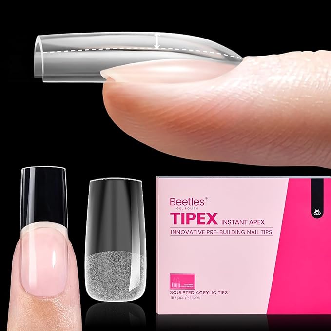 Beetles Tipex Instant Apex Nail Tips Medium Square 16 Sizes 192 Pcs Pre-Etched Pre-Building Strong Thick Acrylic Tips
