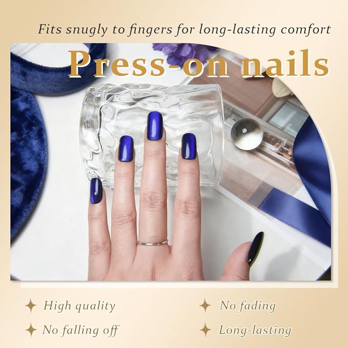 Cat Eye Royal Blue Press On Nails Medium Long Length Square, Designer Reusable Acrylic Fake Nail with Glue, Glossy Gel Nails Wedding Party, Stick On Glue On Nail, Nails Press Ons for Women