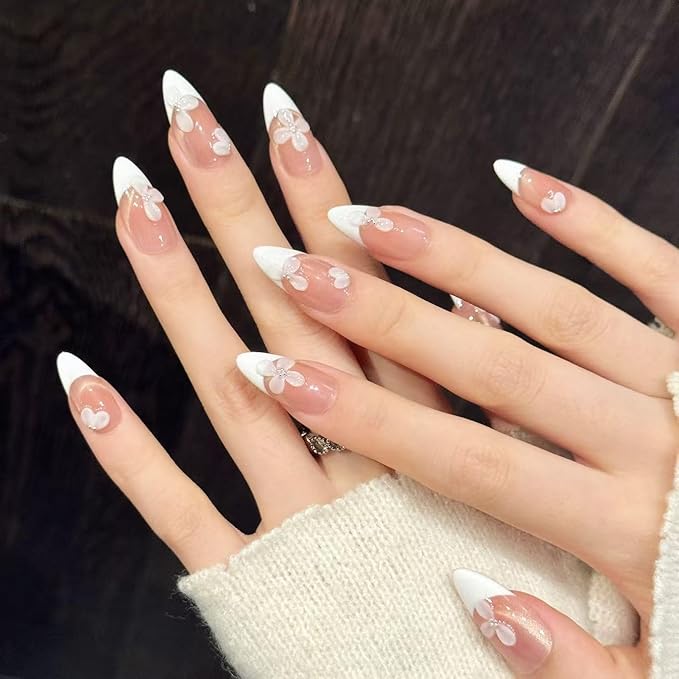 handmade nails press on Salon Quality cute white flower French bridal Reusable almond hand-painted gentle acrylic 3D fake nails designed kit,10 Nails, Size M #556