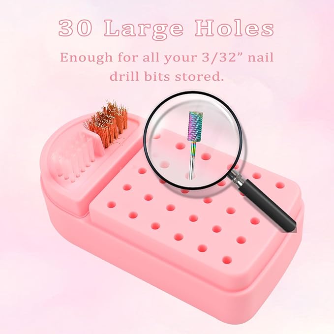 Nail Drill Bits Holder 2 in 1 Nail Drill Bits Cleaning Brush Case, 30 Holes Dustproof Acrylic Nail Drill Holder Storage Box, Nail Drill Bit Holder Stand Displayer Organizer for Home Salon Use (Pink)