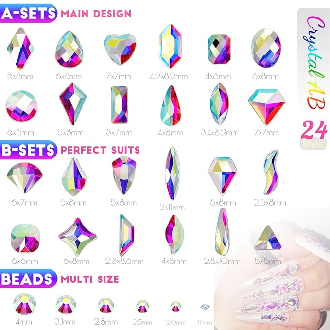 4 Boxes AB Crystal Nail Rhinestones Glitters Powder 24 Shapes K9 Glass White AB Gems Flatback Round Stones Diamonds Crystals Nail Art Charms Supplies for Acrylic Nails Face Makeup DIY Crafts Tumblers