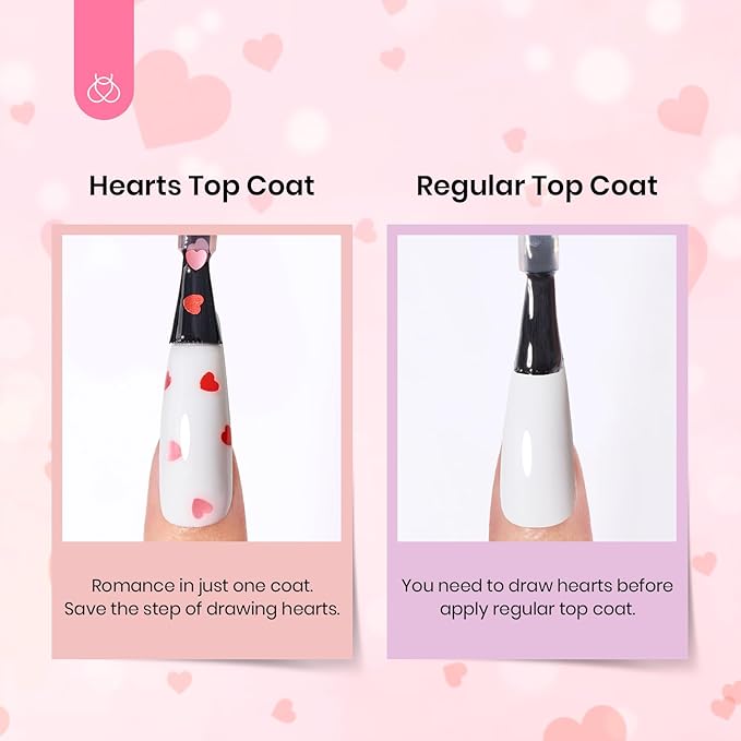Beetles Spring Heart Glitter Top Coat Gel Polish, 15ml Clear Shine Pink & Red Heart Shape Gel, Soak Off UV No Wipe Gel Top Coat Sparkle Nail Gift for Women