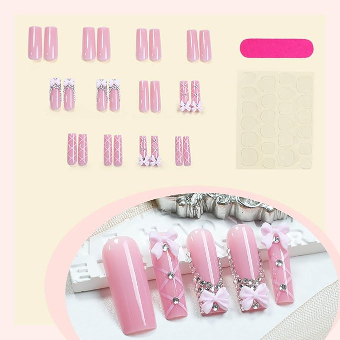 24Pcs Press on Nails Long Square French Tip Fake Nails Pink Full Cover False Nails with Bow Designs Square Nail Press ons Long Glue on Nails Cute Stick on Nail for Women
