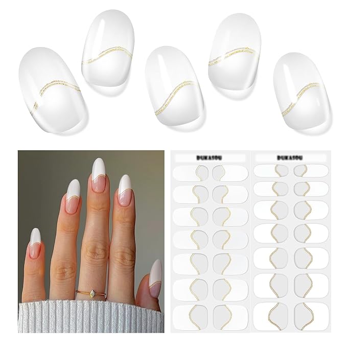 Semi Cured Gel Nail Strips, 28 pcs Gel Nails Stickers for Women Work with Any UV Lamp, Long Lasting Nail Wraps for Home DIY Nails Art (Gilded French)