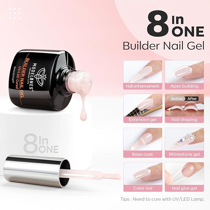 modelones Builder Nail Gel, 2 Pcs Clear and Cover Nude Builder Nail Polish, 8-in-One Apex Building Thickening Strengthener Extension Rubber Color Base Gel for DIY Home Salon Gifts LED Lamp Cured 10ml