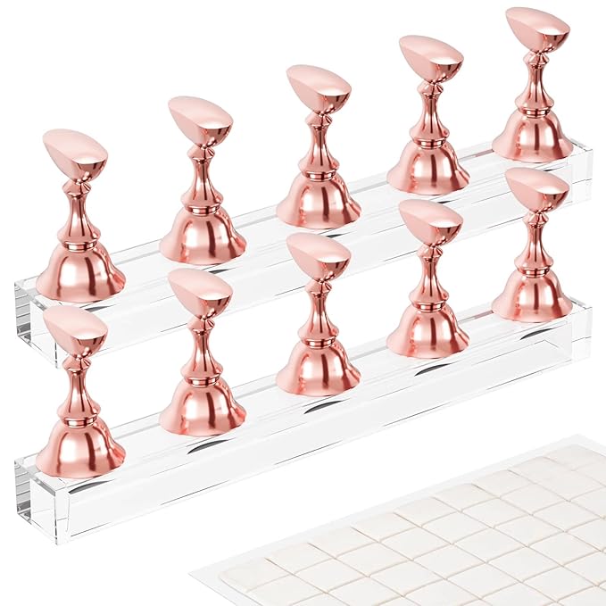 Nail Stand Acrylic Nail Art Display Stand Magnetic Nail Tips Practice Holder 54 Pcs Reusable Adhesive Putty for DIY Painting Nails Stand kit (Rose Gold)