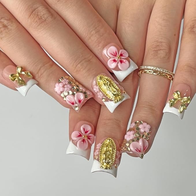 Press On Nails Handmade Short Duckbill Nails, Glossy Art Designs Reusable Acrylic Artificial Stick On Nails, 10 Pcs False Nails Set (Size S)