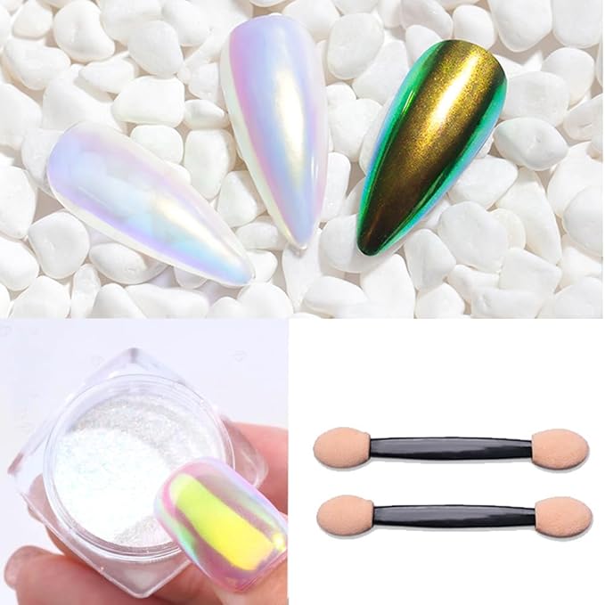 Pretty Diva 0.3g Unicorn Chrome Nail Powder, Aurora Iridescent Chrome Powders for Nails, Mermaid Chrome Powder for Gel Nails Chrome Mica Powder Manicure Pigment (Aurora, 0.3g)